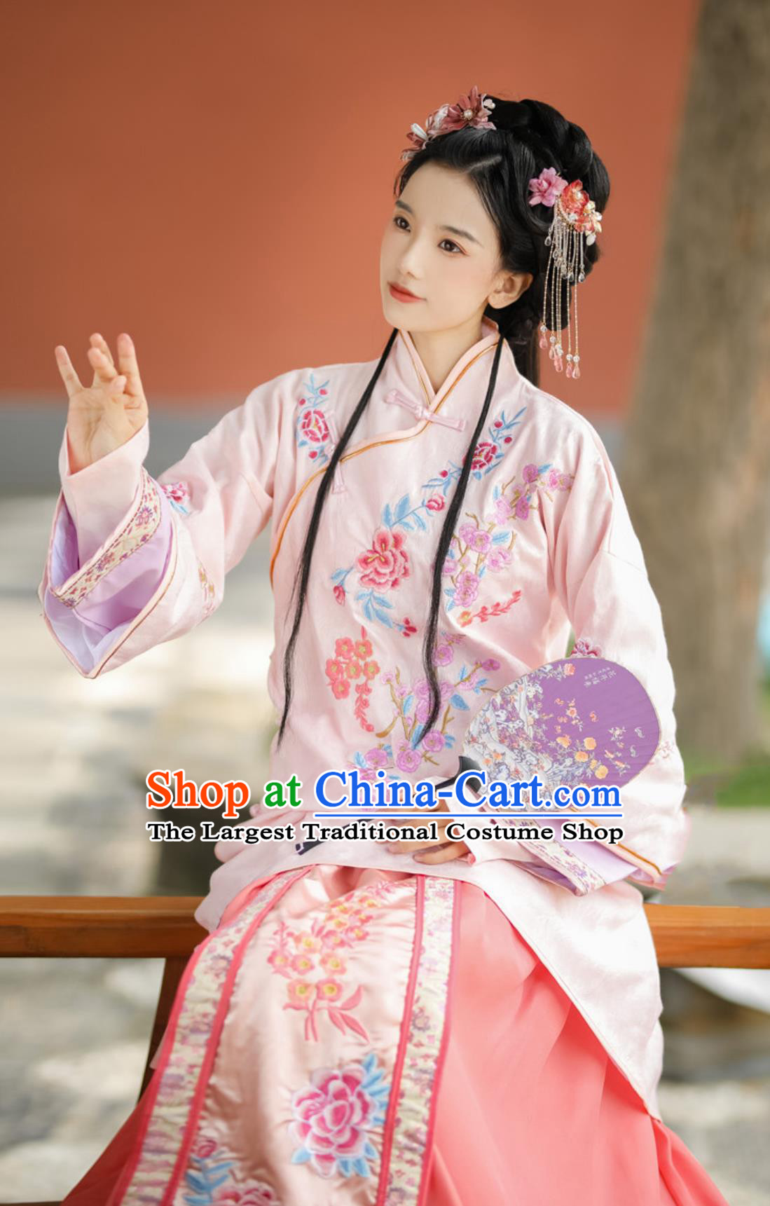 Traditional Chinese Late Qing Dynasty Clothing Young Lady Pink Dress Ancient China Noble Daughter Costume