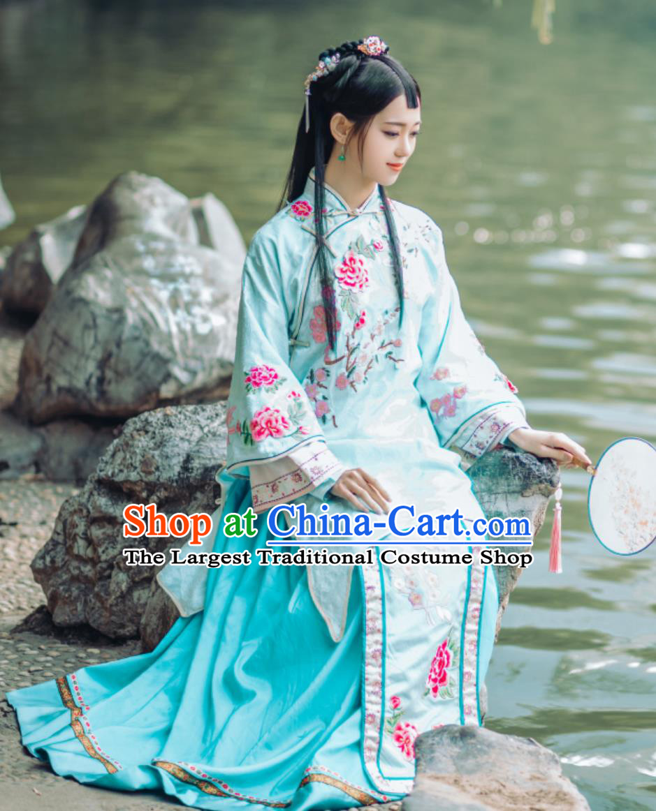 Chinese Traditional Light Green Dress Ancient China Noble Lady Costume Late Qing Dynasty Woman Clothing