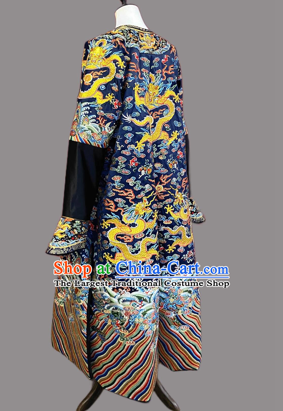 Chinese Qing Dynasty Emperor Dark Blue Dragon Robe Traditional Embroidered Imperial Robe Ancient China Manchu Monarch Clothing