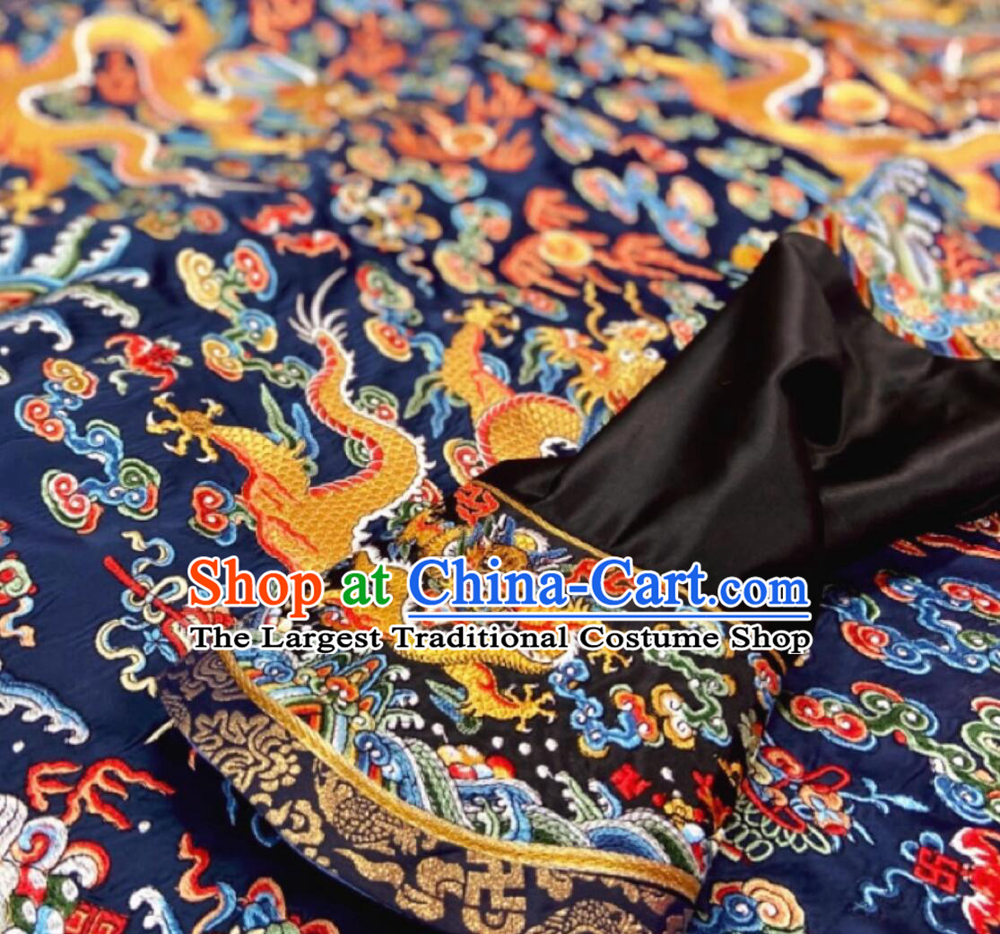Chinese Qing Dynasty Emperor Dark Blue Dragon Robe Traditional Embroidered Imperial Robe Ancient China Manchu Monarch Clothing