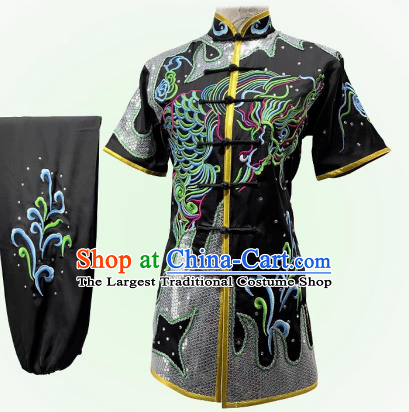 Chinese Embroidered Changquan Clothing Traditional Kung Fu Costume Martial Arts Uniform Wushu Tournament Black Outfit