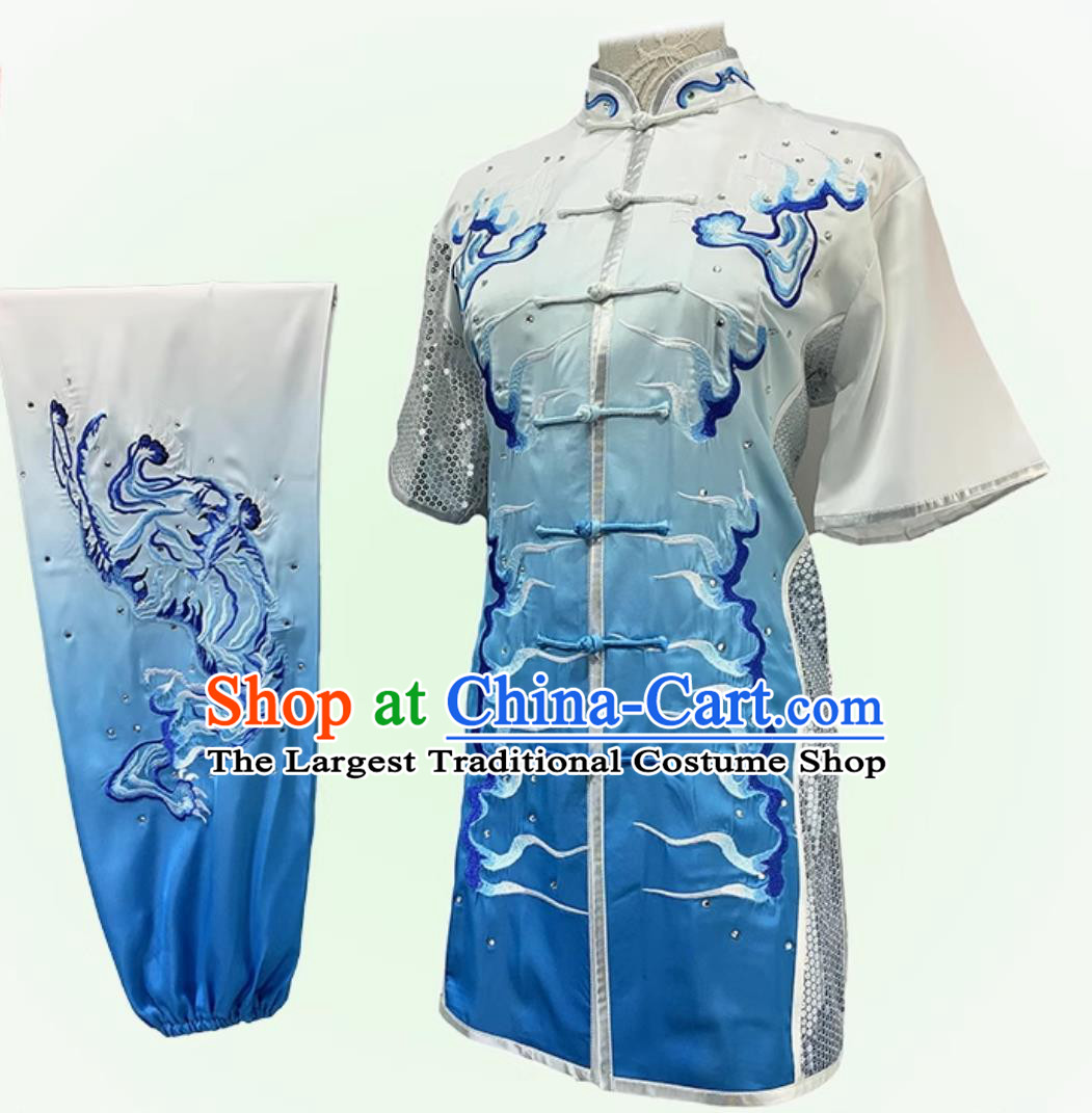 Chinese Wushu Tournament Light Blue Outfit Embroidered Tiger Changquan Competition Clothing Traditional Kung Fu Costume Martial Arts Taolu Uniform