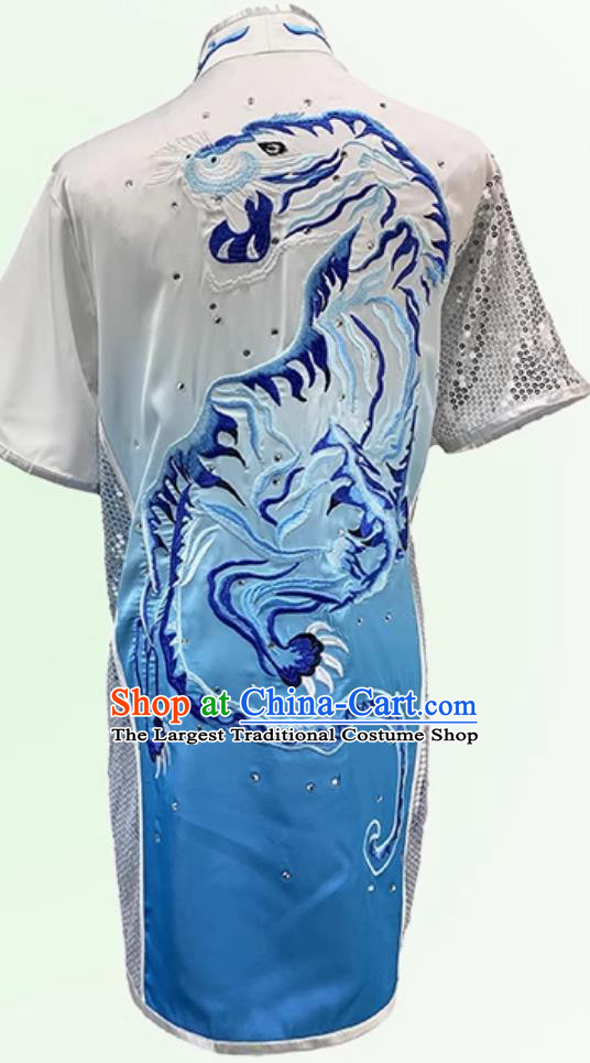 Chinese Wushu Tournament Light Blue Outfit Embroidered Tiger Changquan Competition Clothing Traditional Kung Fu Costume Martial Arts Taolu Uniform