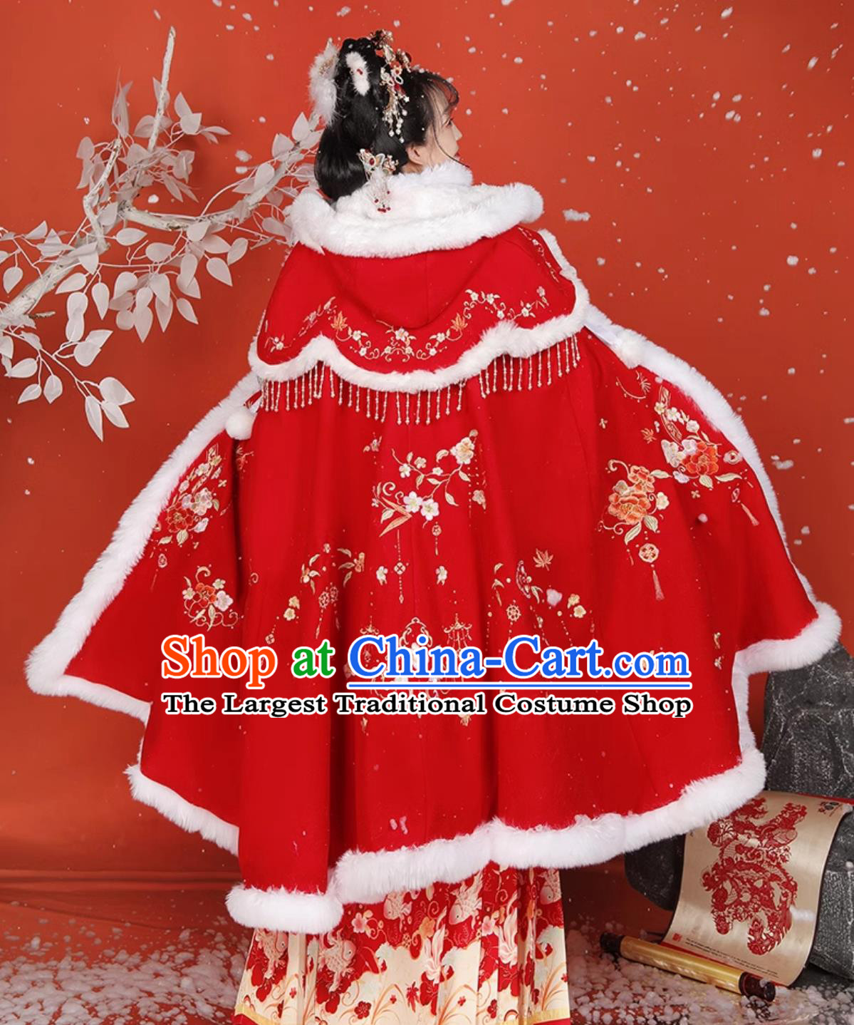 Chinese Ming Dynasty Princess Red Cloak Ancient China Noble Lady Costume Traditional Winter Hanfu Cape Embroidered Clothing