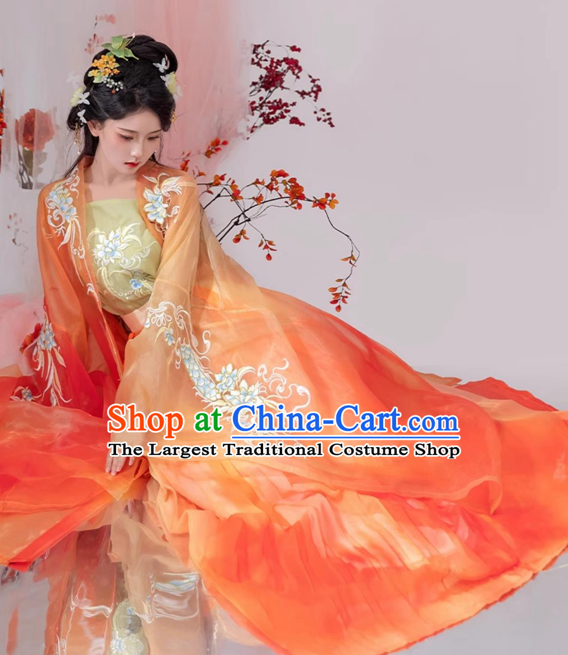 Chinese Tang Dynasty Princess Embroidered Clothing Ancient China Fairy Costume Traditional Orange Hanfu Dress