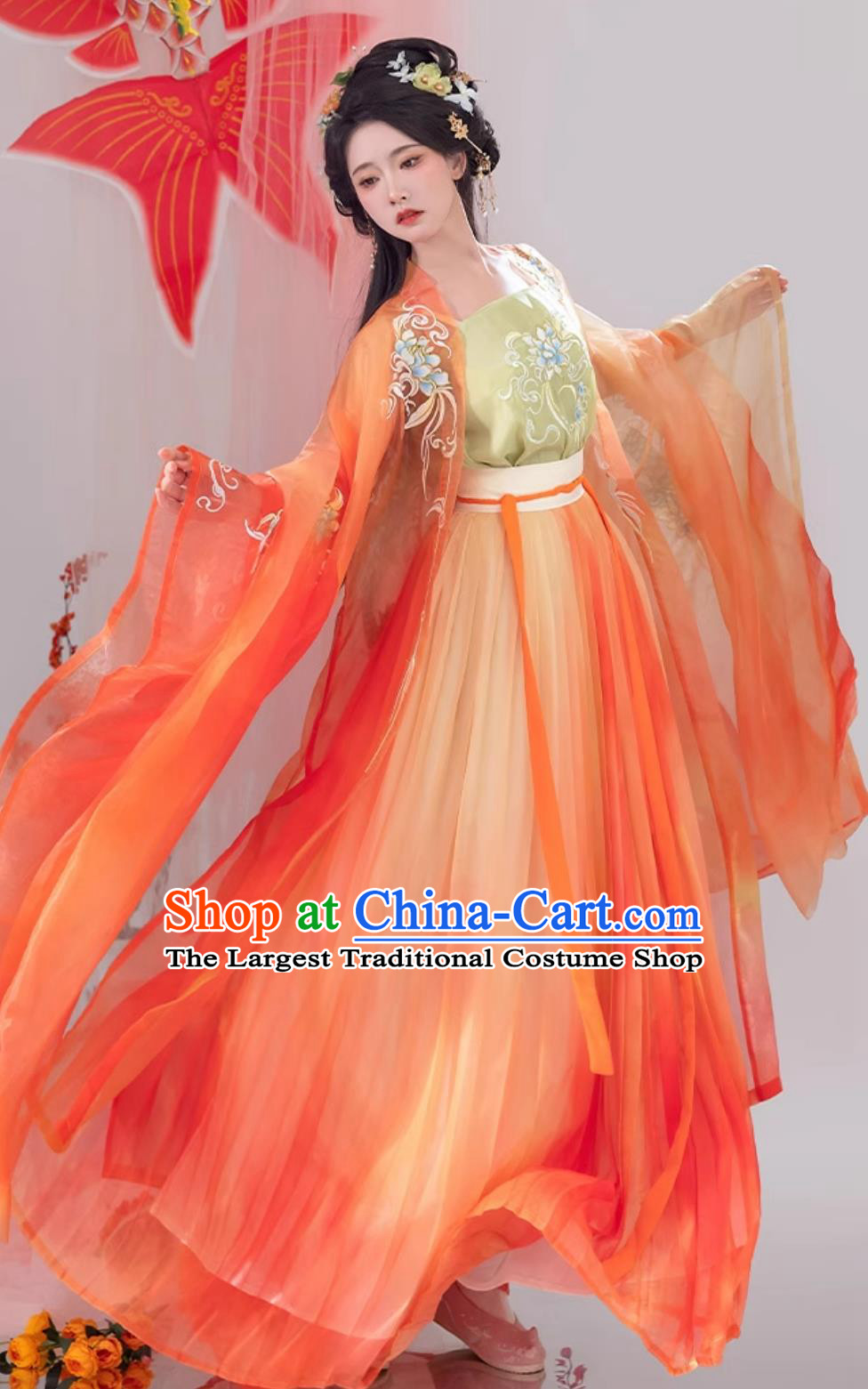 Chinese Tang Dynasty Princess Embroidered Clothing Ancient China Fairy Costume Traditional Orange Hanfu Dress