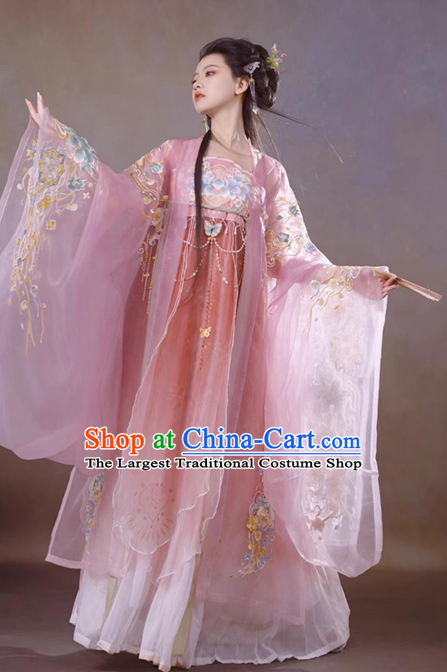 Chinese Traditional Pink Hanfu Dress Tang Dynasty Princess Embroidered Clothing Ancient China Flower Fairy Costume