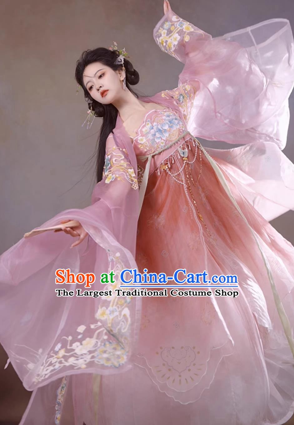 Chinese Traditional Pink Hanfu Dress Tang Dynasty Princess Embroidered Clothing Ancient China Flower Fairy Costume