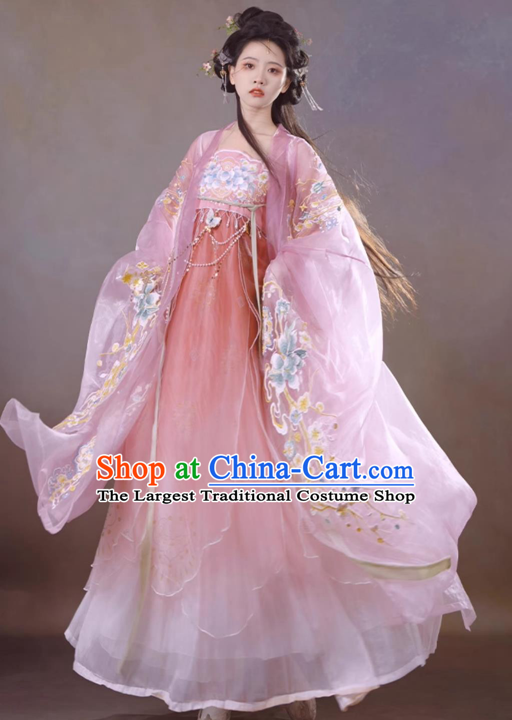 Chinese Traditional Pink Hanfu Dress Tang Dynasty Princess Embroidered Clothing Ancient China Flower Fairy Costume