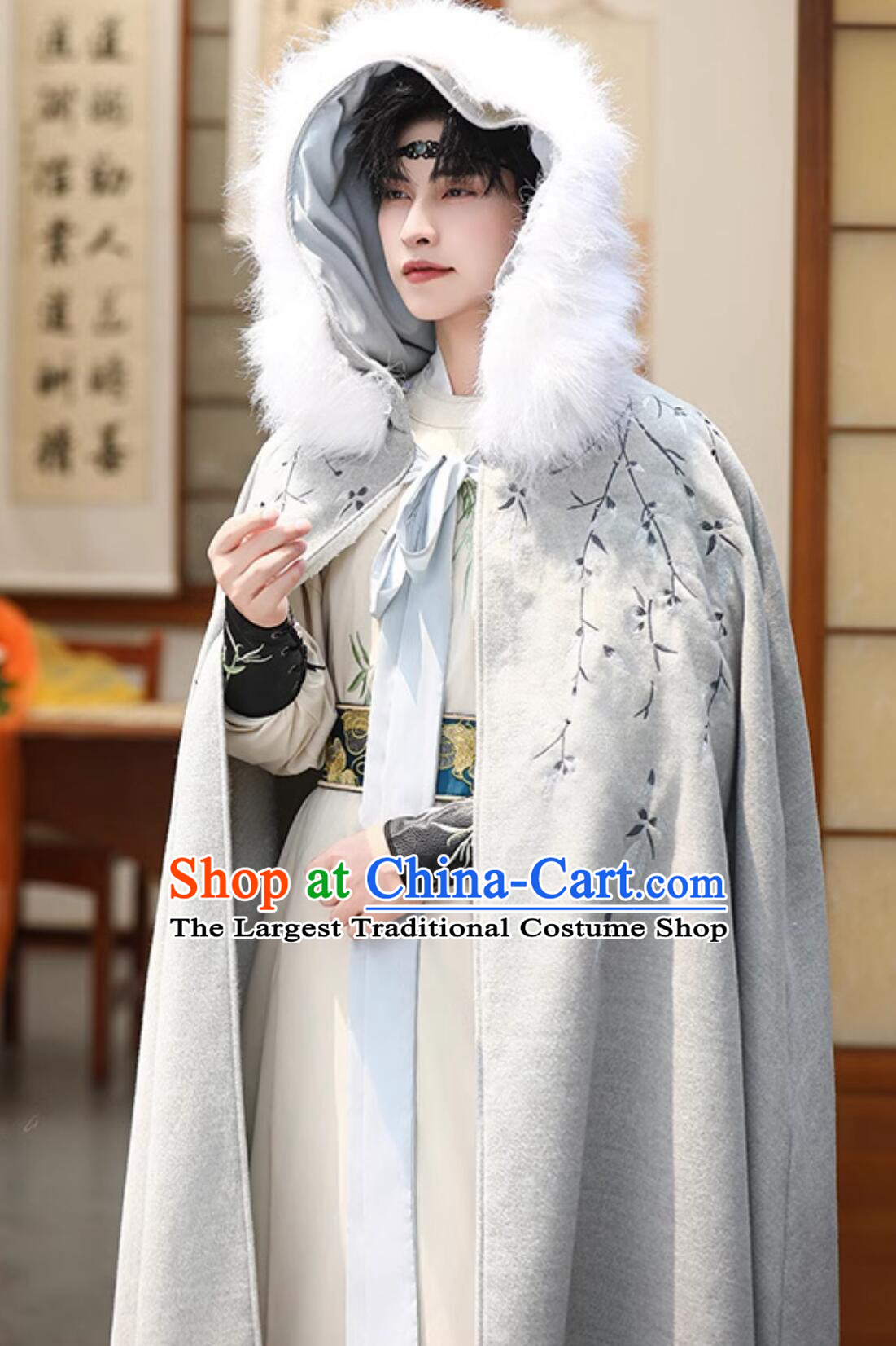 Traditional Chinese Hanfu Mantle China Ancient Swordsman Costume Handmade Embroidered Grey Woolen Long Cloak