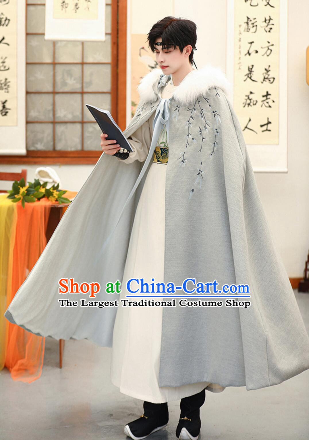 Traditional Chinese Hanfu Mantle China Ancient Swordsman Costume Handmade Embroidered Grey Woolen Long Cloak