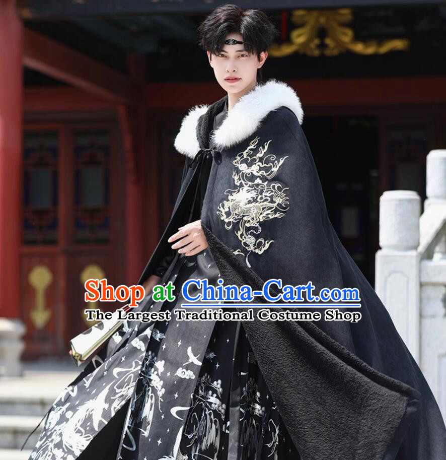 Handmade Embroidered Kylin Black Woolen Long Cloak Traditional Chinese Hanfu Mantle China Ancient Swordsman Costume