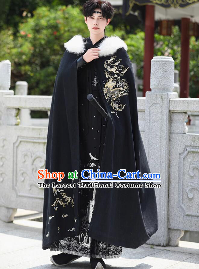 Handmade Embroidered Kylin Black Woolen Long Cloak Traditional Chinese Hanfu Mantle China Ancient Swordsman Costume