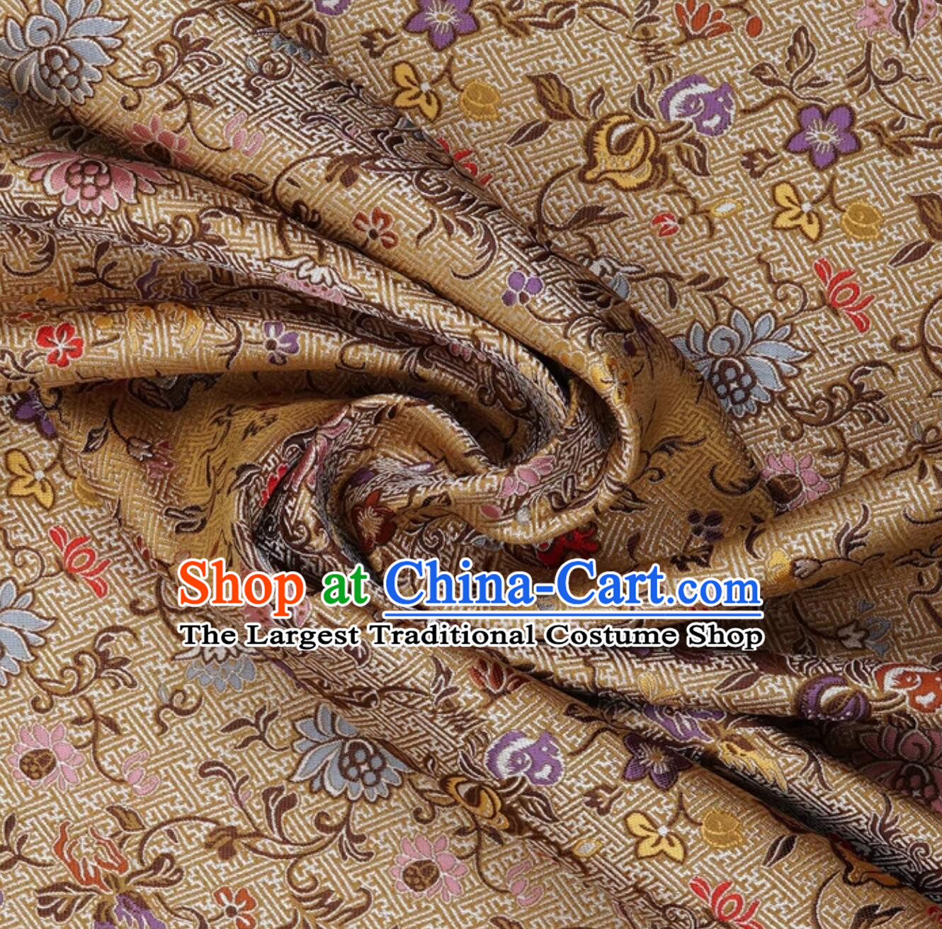 Buddhism Swastika Pattern Cloth Traditional Chinese Fabric Classical Qipao Yellow Brocade