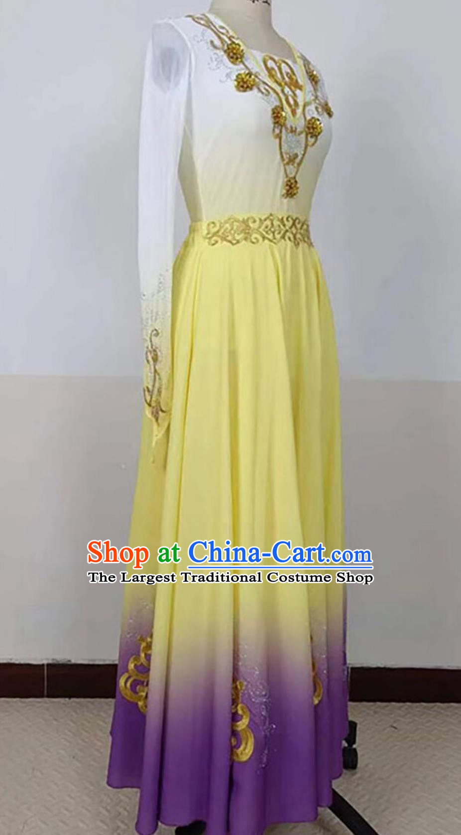 Chinese Uyghur Nationality Dance Clothing Xinjiang Folk Dance Costume Ethnic Women Group Dance Yellow Dress