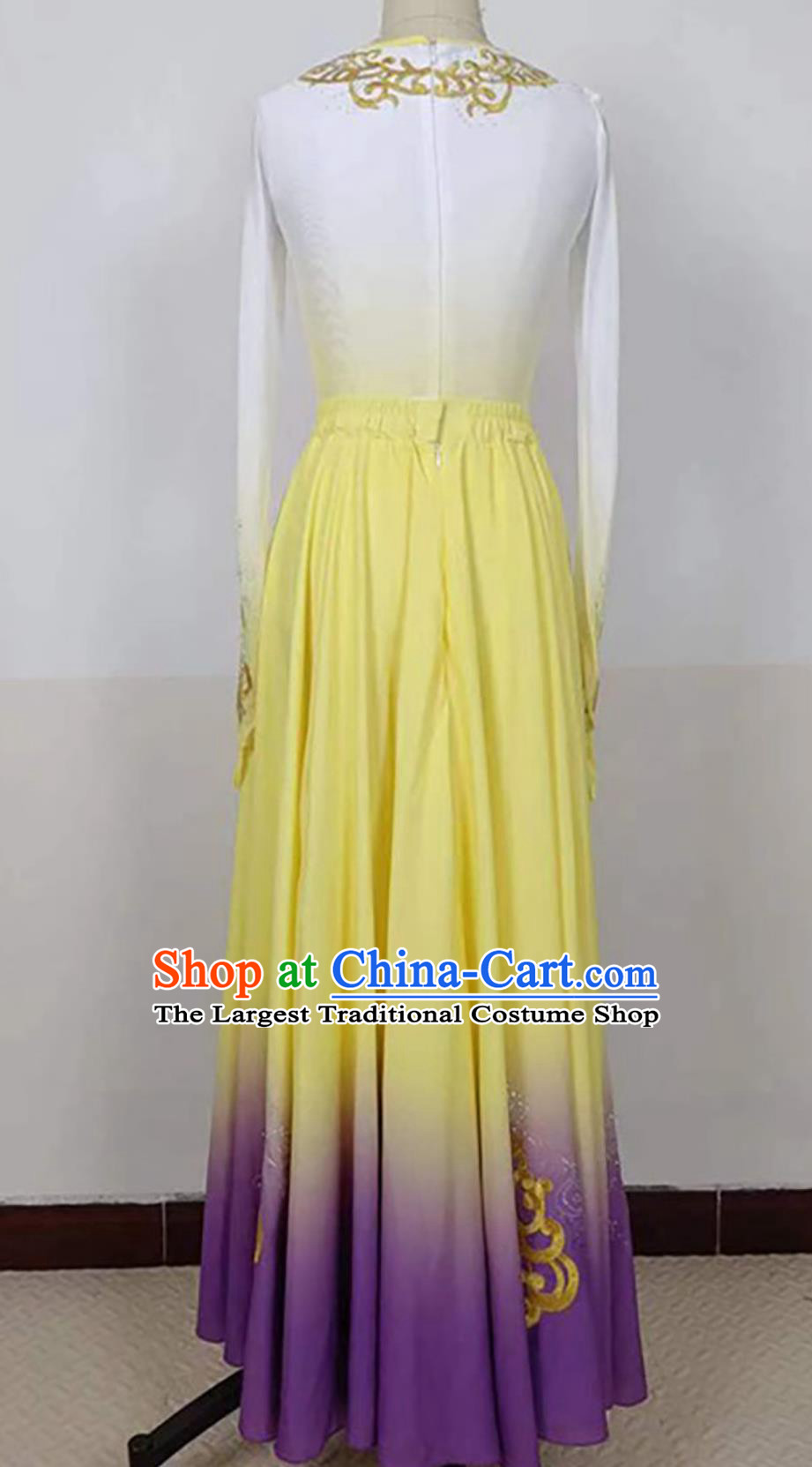 Chinese Uyghur Nationality Dance Clothing Xinjiang Folk Dance Costume Ethnic Women Group Dance Yellow Dress
