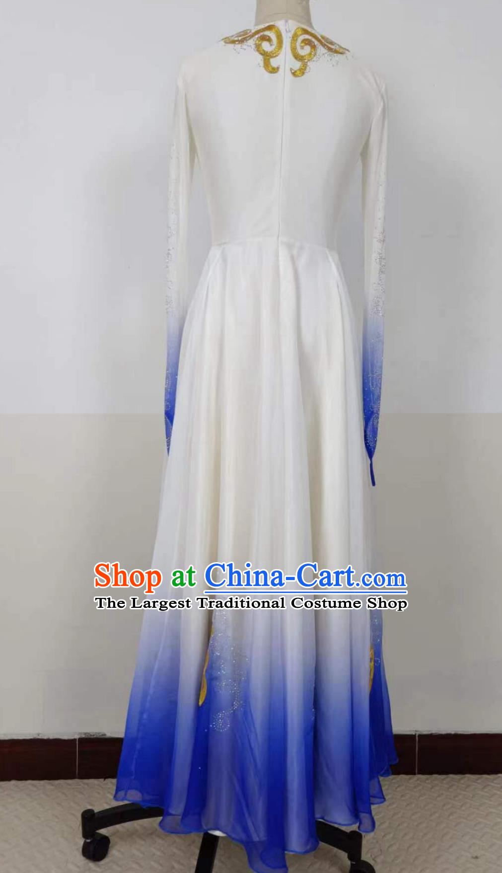Chinese Folk Dance Costume Xinjiang Ethnic Women Group Dance White Dress Uyghur Nationality Dance Clothing