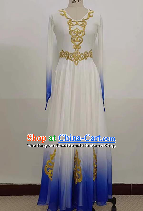 Chinese Folk Dance Costume Xinjiang Ethnic Women Group Dance White Dress Uyghur Nationality Dance Clothing