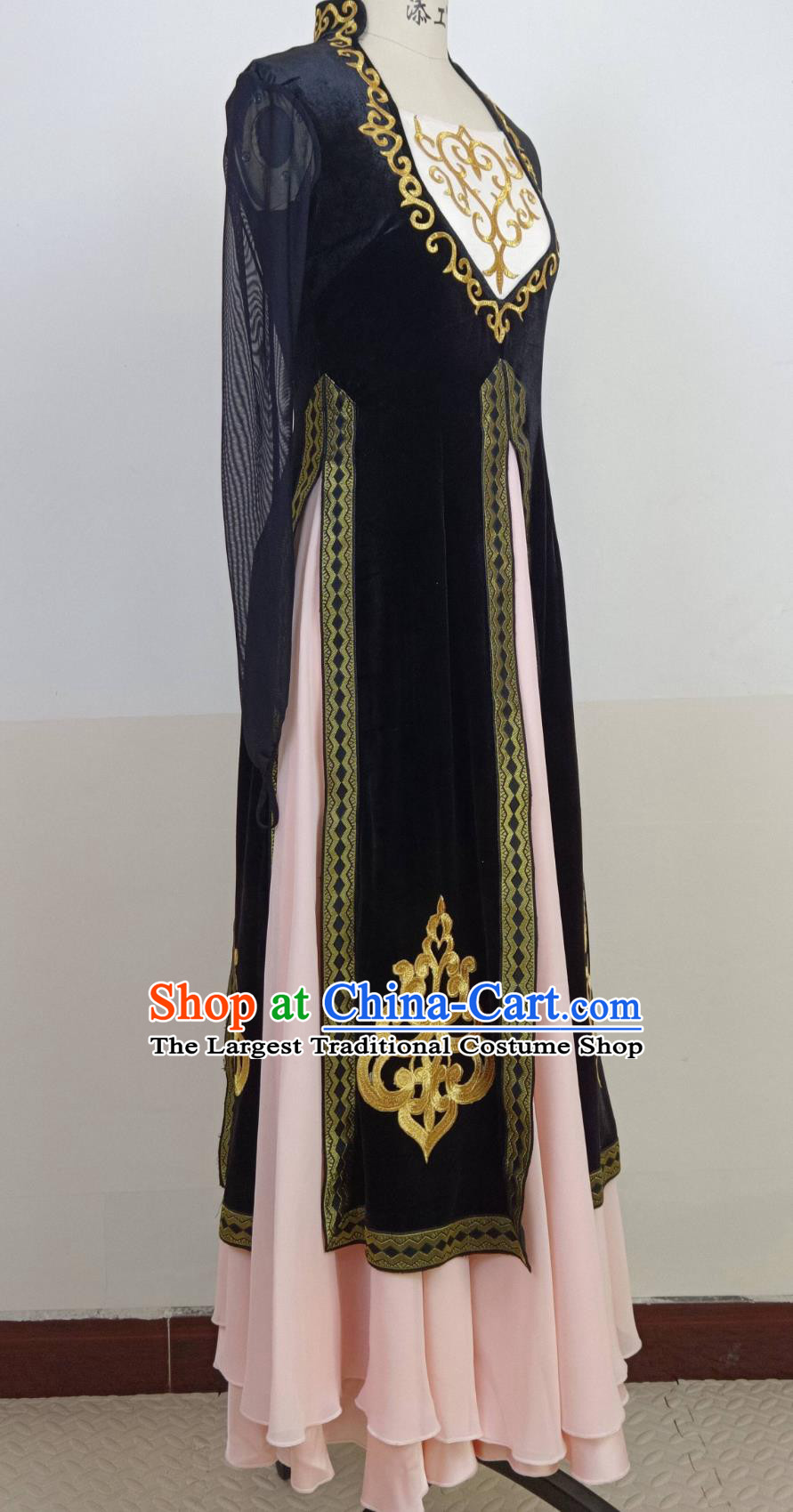Chinese Xinjiang Ethnic Women Group Dance Black Dress Uyghur Nationality Dance Clothing Folk Dance Costume