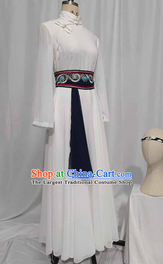 Chinese Mongolian Folk Dance Costume Ethnic Women Group Dance White Dress Mongol Nationality Dance Clothing