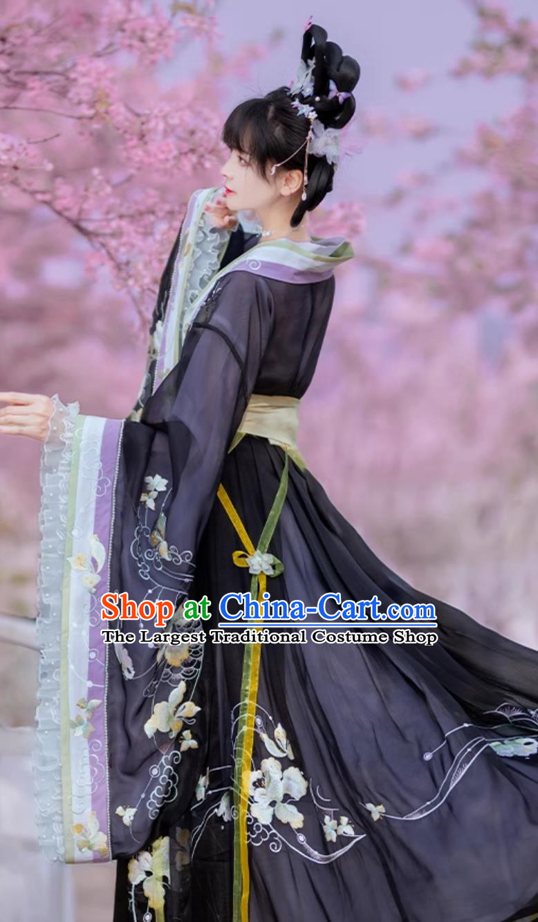 Jin Dynasty Princess Embroidered Clothing Traditional Chinese Black Hanfu Dress Ancient China Flower Fairy Costume