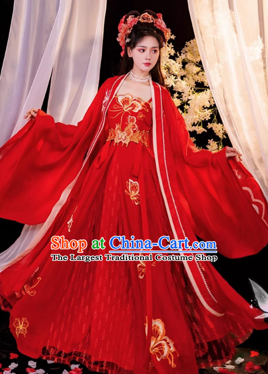 Ancient China Princess Costume Tang Dynasty Bride Embroidered Clothing Traditional Chinese Wedding Red Hanfu Dress