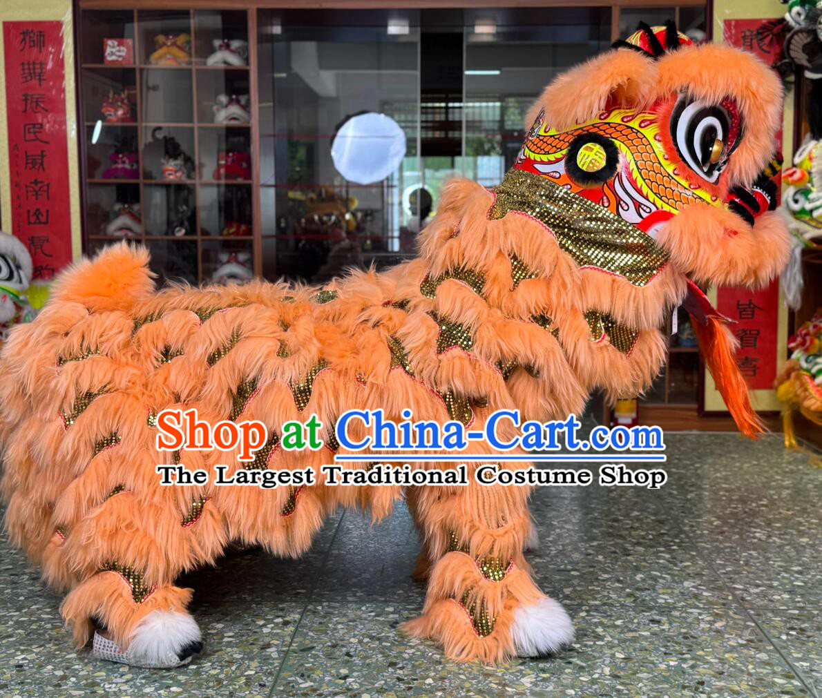 Light Orange Fur Chinese Dancing Lion Clothing Traditional Lion Dance Costume Handmade Lion Head Complete Set