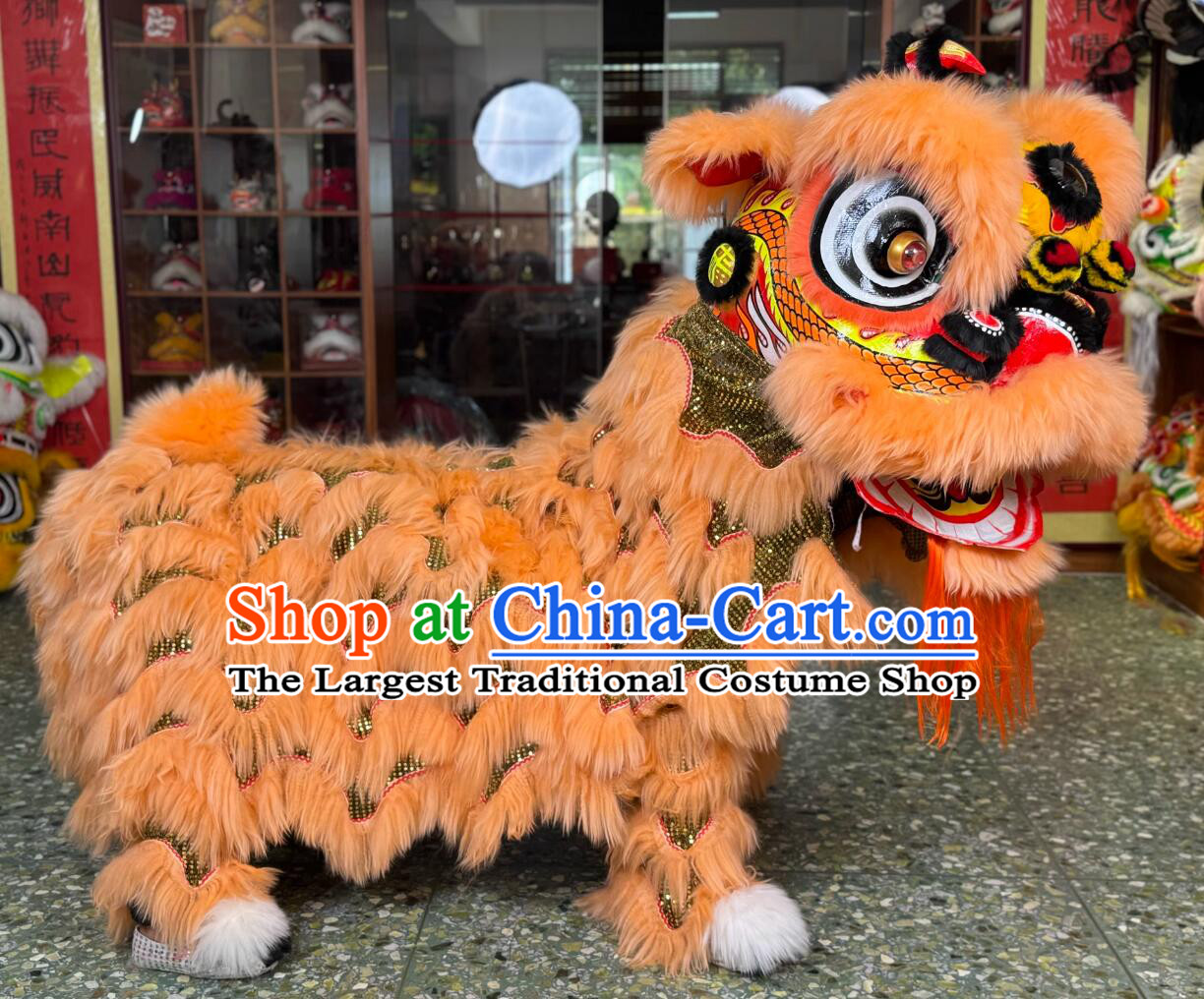 Light Orange Fur Chinese Dancing Lion Clothing Traditional Lion Dance Costume Handmade Lion Head Complete Set