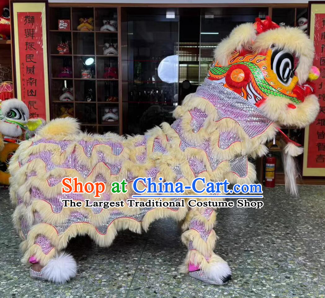 Beige Fur Chinese Dancing Lion Clothing Handmade Fut San Lion Head Traditional Lion Dance Costume Complete Set
