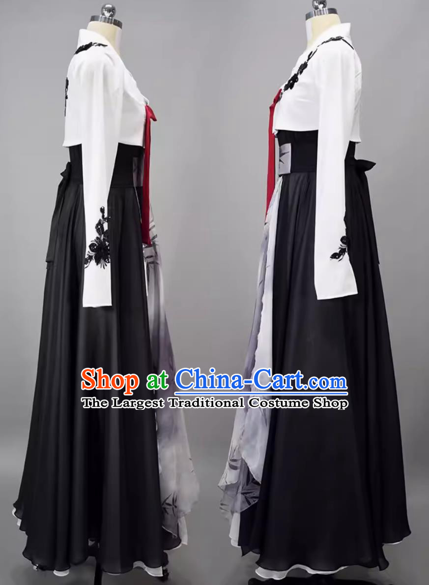 Women Group Dance White and Black Dress Chinese National Dance Costume Korean Ethnic Dance Clothing