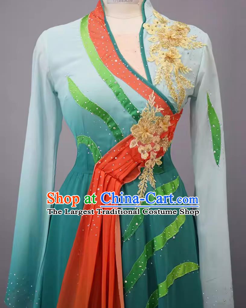 Cai Ju Dong Li Xia Women Group Dance Green Dress Chinese Classical Dance Costume China Fan Dance Clothing