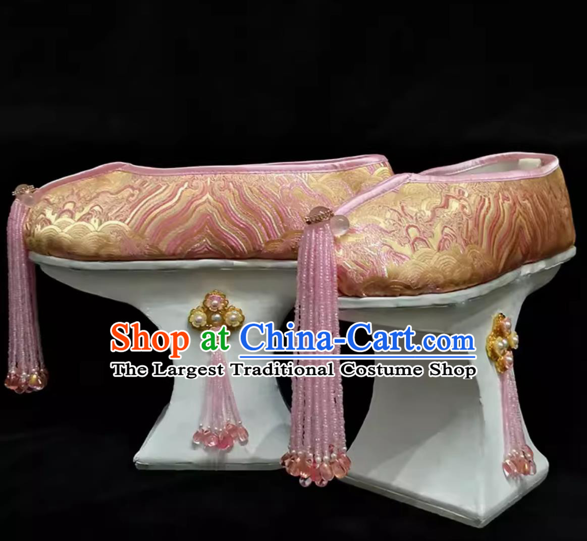 Ancient Chinese Empress Pink Shoes Ruyi Royal Love in the Palace Handmade Traditional Qing Dynasty Palace Woman Platform Shoes