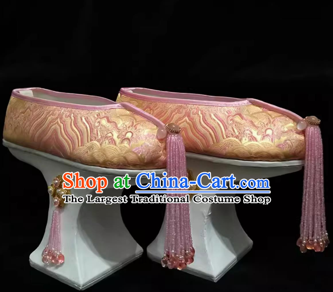 Ancient Chinese Empress Pink Shoes Ruyi Royal Love in the Palace Handmade Traditional Qing Dynasty Palace Woman Platform Shoes