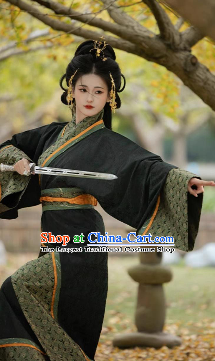 Chinese Warring States Robe Traditional Black Hanfu Dress Ancient China Royal Princess Costume