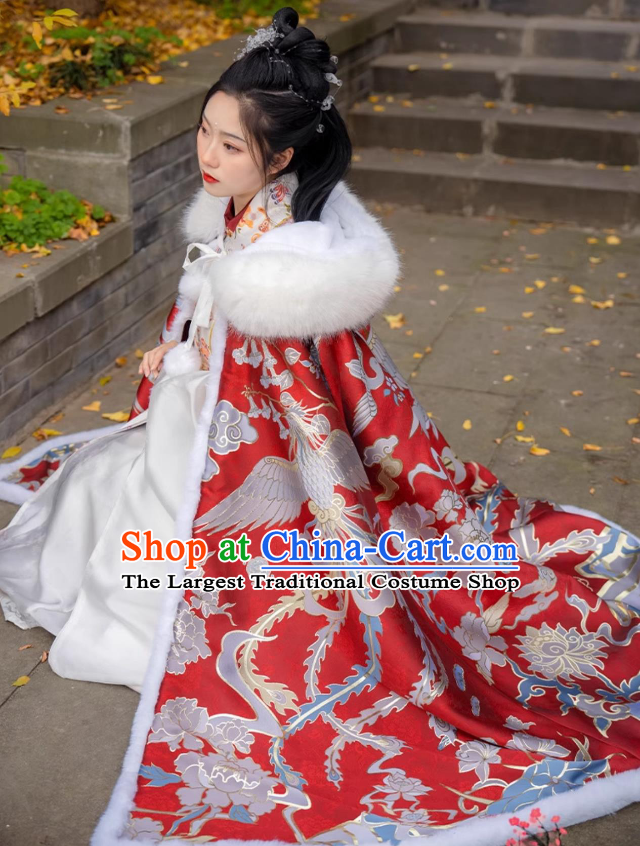 Chinese Ming Dynasty Warm Cloak Ancient China Court Empress Costume Traditional Hanfu Red Brocade Cape