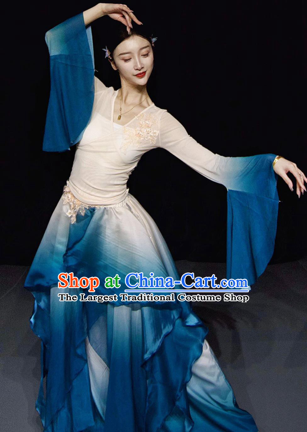 Chinese Classical Dance Costume Women Group Dance Clothing Zui Jing Bo Stage Performance Blue Dress