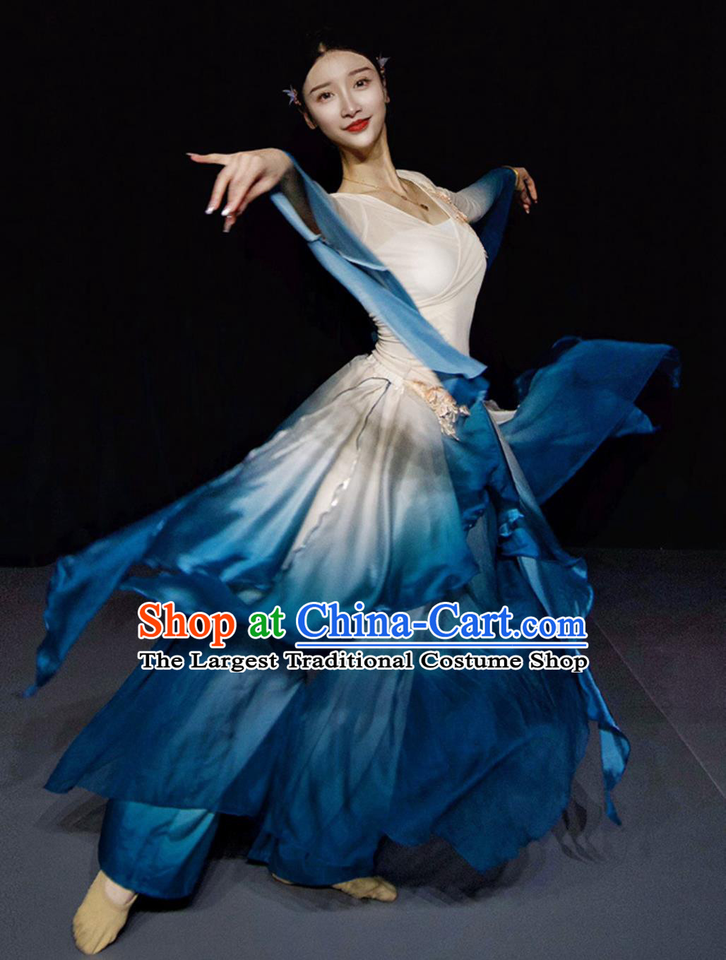 Chinese Classical Dance Costume Women Group Dance Clothing Zui Jing Bo Stage Performance Blue Dress