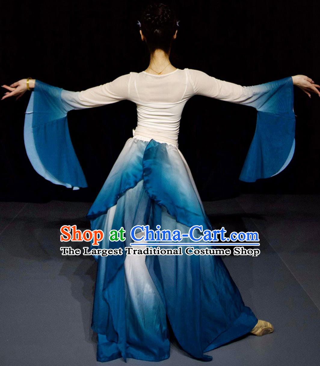 Chinese Classical Dance Costume Women Group Dance Clothing Zui Jing Bo Stage Performance Blue Dress