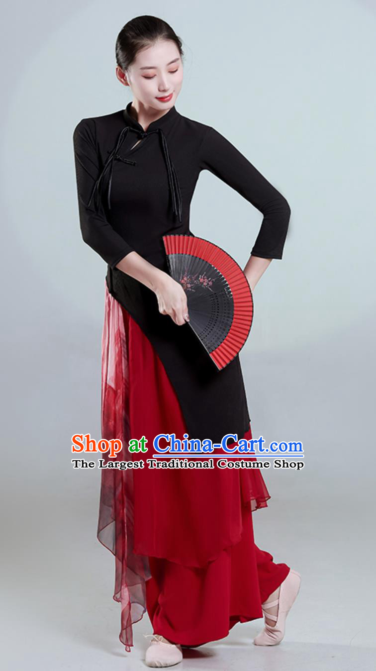 Women Group Dance Clothing Fan Dance Stage Performance Black Qipao Dress Chinese Classical Dance Costume