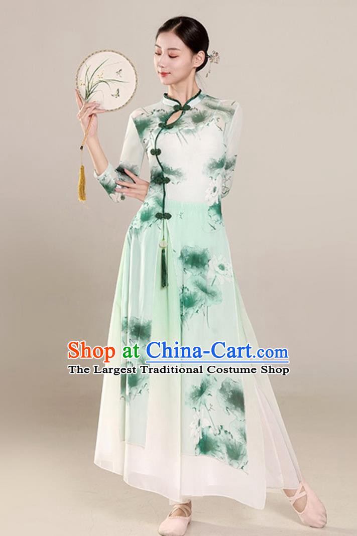 Chinese Classical Dance Costume Women Group Dance Clothing Lotus Dance Stage Performance Green Qipao Dress