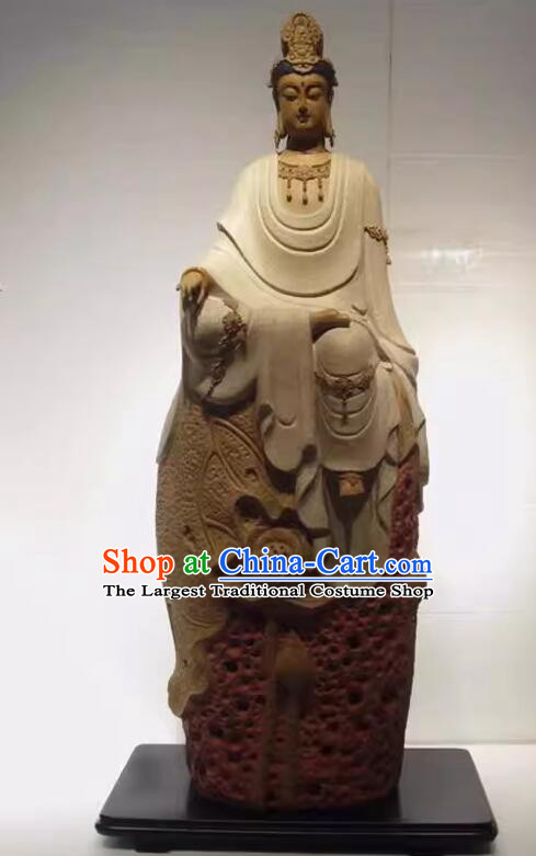 Chinese Handmade Avalokita Bodhisattva Statue Shiwan Ceramics Buddha Arts Collection