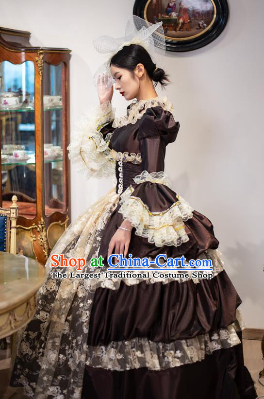 Coffee European Court Garment French Medieval British Aristocratic Clothing Clinolin Long Dress Classical Costume