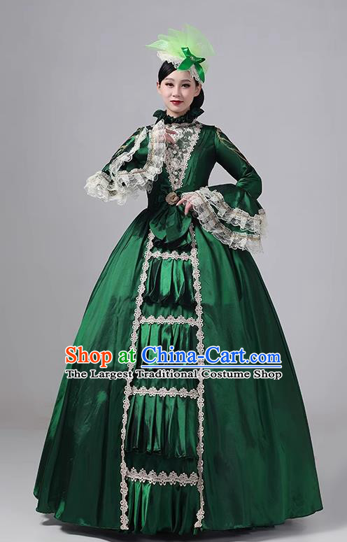 Green European Court Clothing British Medieval Noble Long Dress Retro Princess Dress Stage Walk Show Drama Costume