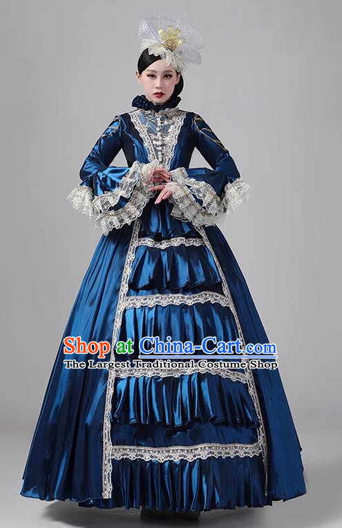 Dark Blue European Court Dress French Medieval Aristocratic Long Dress Retro Princess Garment Stage Walk Show Clothing Drama Costume
