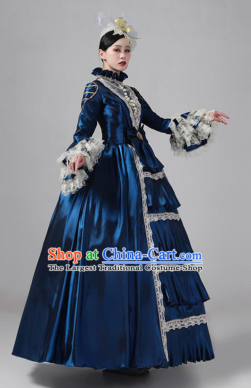 Dark Blue European Court Dress French Medieval Aristocratic Long Dress Retro Princess Garment Stage Walk Show Clothing Drama Costume