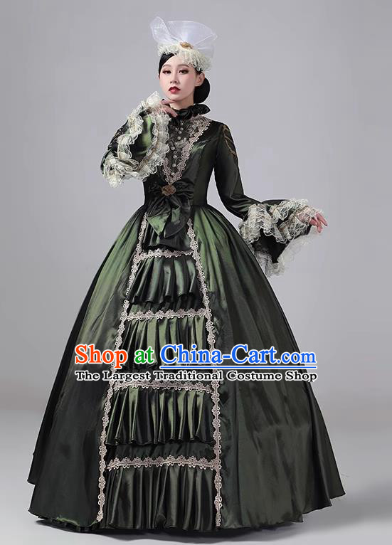 Blackish Green Drama Costume European Court Dress French Medieval Aristocratic Long Dress Retro Princess Garment Stage Walk Show Clothing