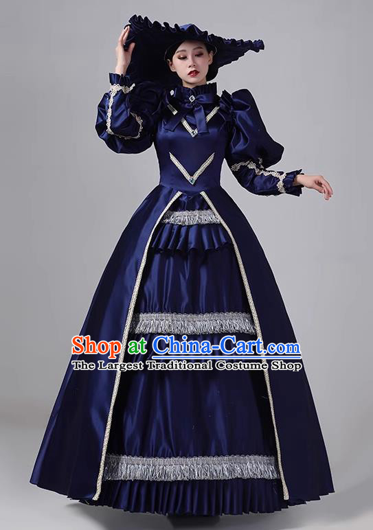 Navy Blue French Medieval Aristocratic Long Dress Retro Princess Garment Stage Show Clothing Drama Costume European Court Dress