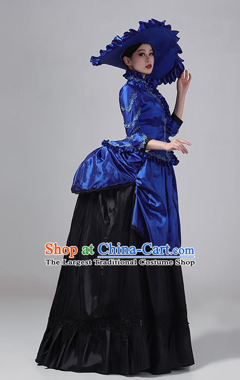 Royal Blue European Court Clothing Medieval Noble Evening Dress Long Dress Retro Princess Stage Show Drama Costume
