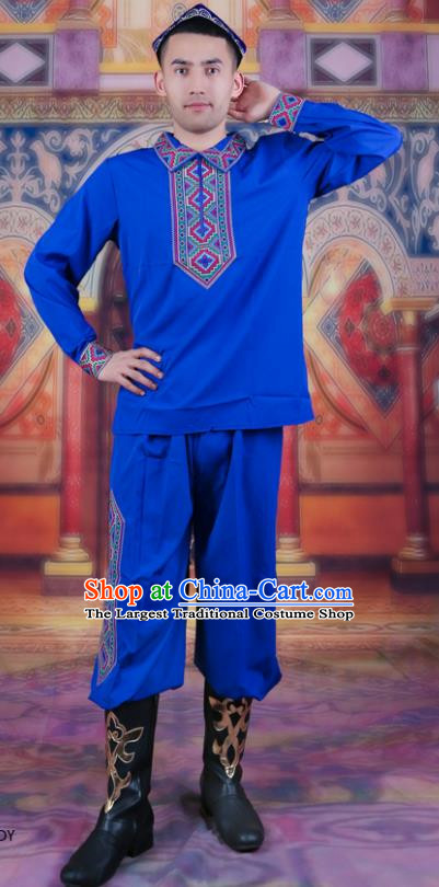 Sapphire Blue Ethnic Style Embroidered Male Dance Clothing China Xinjiang Uyghur Stage Performance Suit