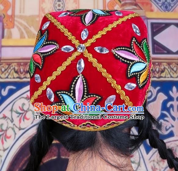 Red China Xinjiang Dance Flower Hat Female Adult Four Corner Hat Performance Headwear Uighur Dance Embroidered Hat Ethnic Style Stage Hat